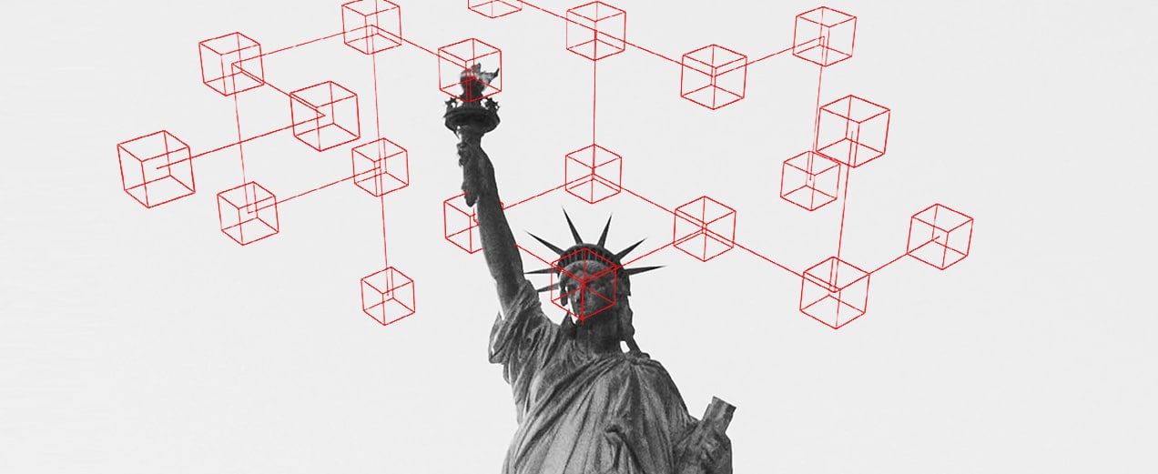US crypto regulations statue of liberty red grid and blocks